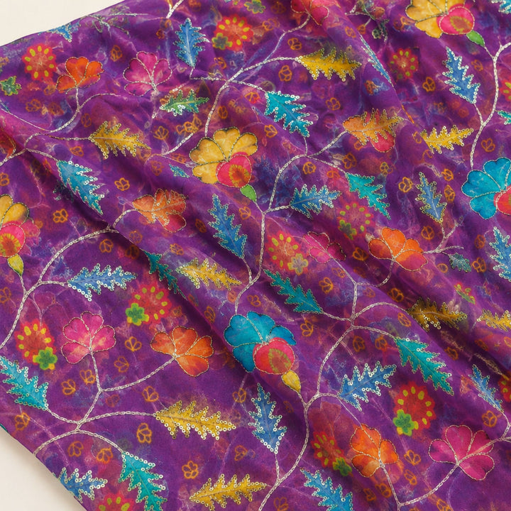 Deep Purple Embroidered Organza Fabric | Premium Sheer Material for Ethnic & Party Wear