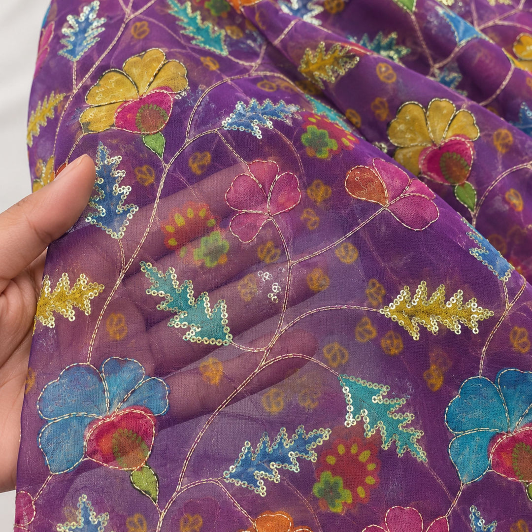 Deep Purple Embroidered Organza Fabric | Premium Sheer Material for Ethnic & Party Wear