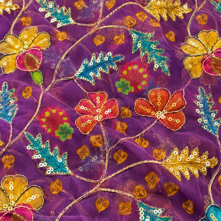 Deep Purple Embroidered Organza Fabric | Premium Sheer Material for Ethnic & Party Wear