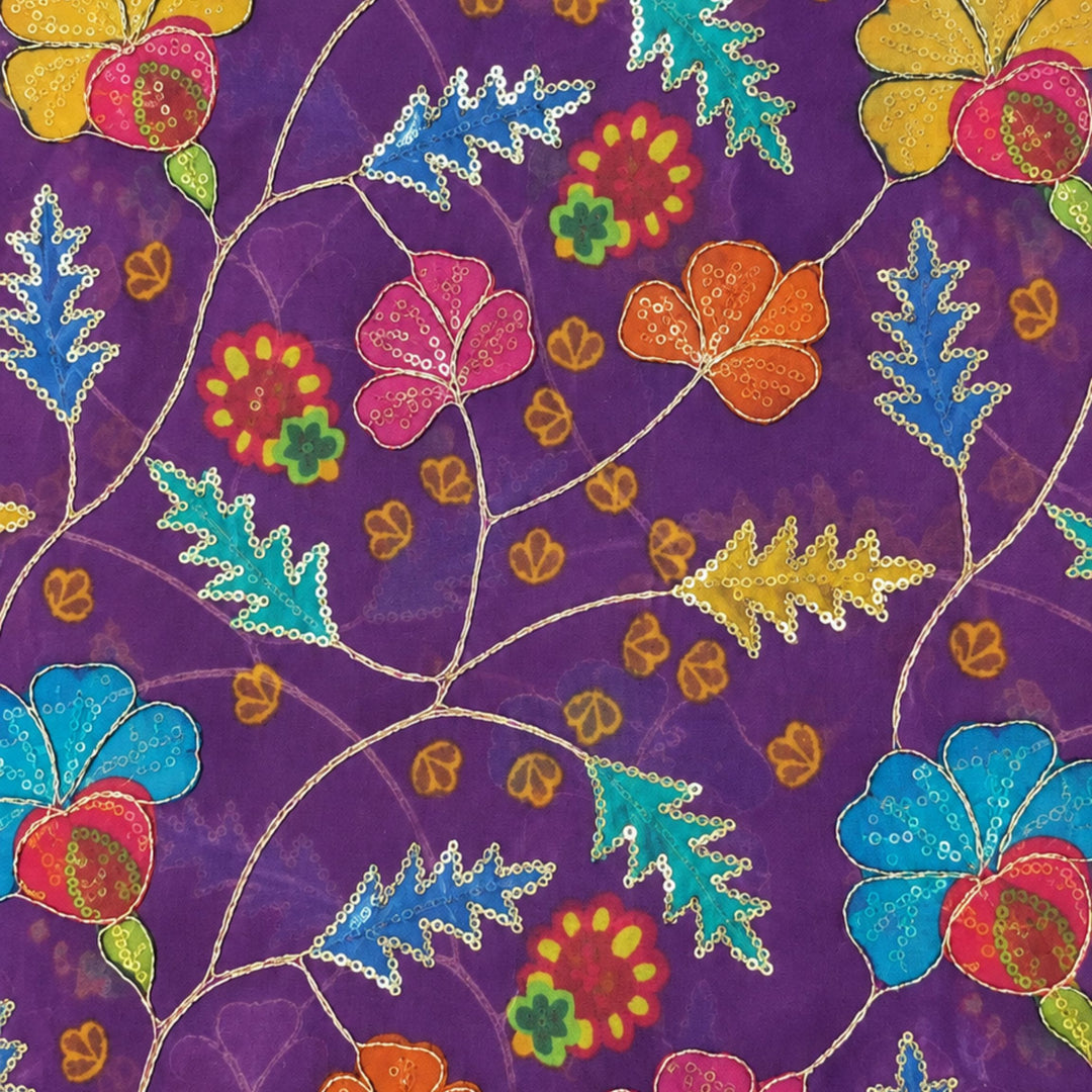 Deep Purple Embroidered Organza Fabric | Premium Sheer Material for Ethnic & Party Wear