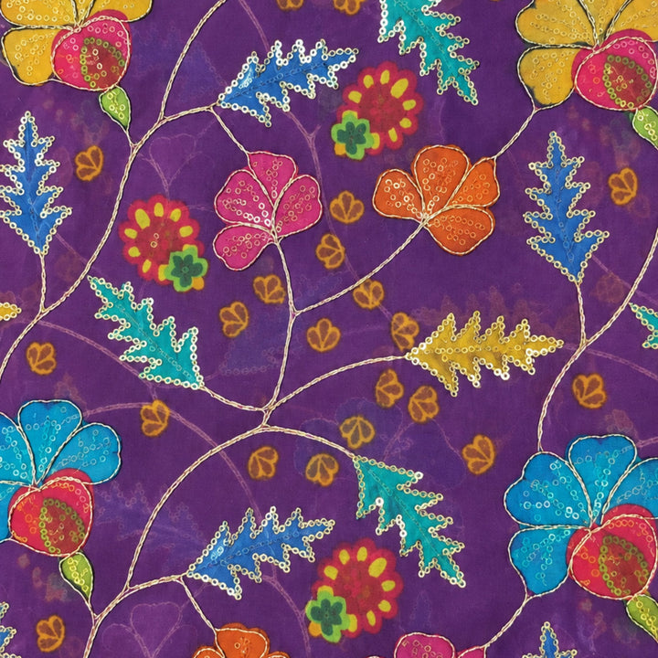 Deep Purple Embroidered Organza Fabric | Premium Sheer Material for Ethnic & Party Wear