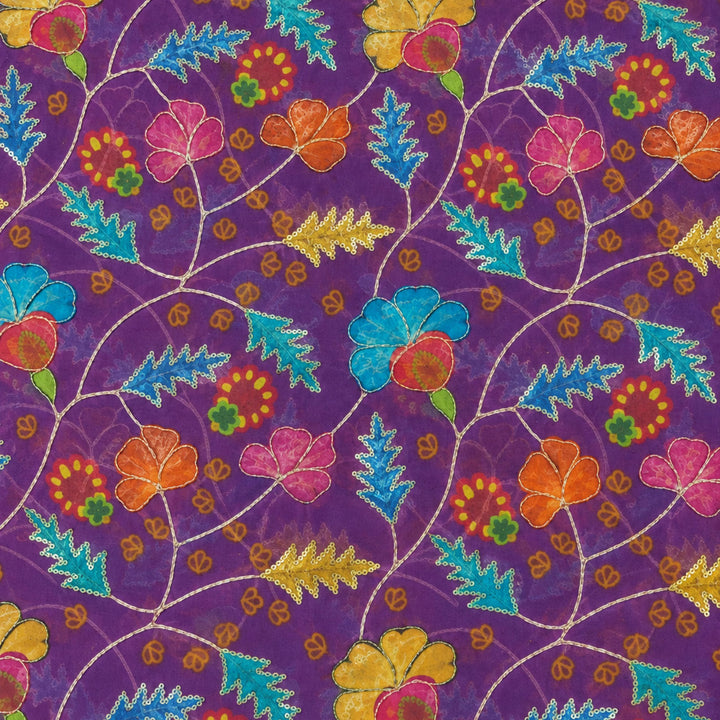 Deep Purple Embroidered Organza Fabric | Premium Sheer Material for Ethnic & Party Wear