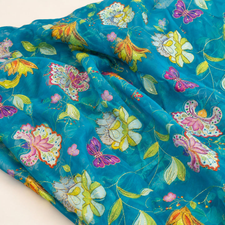 Peacock Blue Embroidered Organza Fabric | Premium Sheer Material for Ethnic & Party Wear