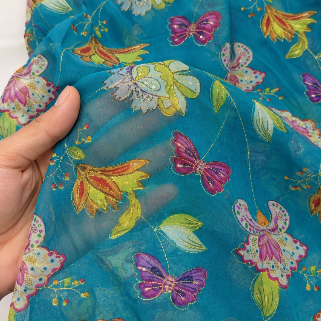 Peacock Blue Embroidered Organza Fabric | Premium Sheer Material for Ethnic & Party Wear