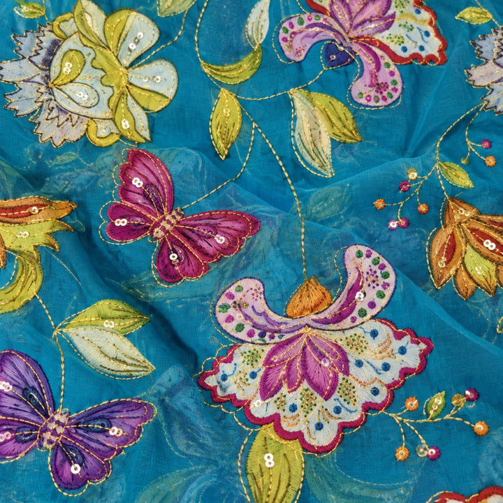 Peacock Blue Embroidered Organza Fabric | Premium Sheer Material for Ethnic & Party Wear