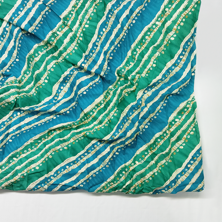 Peacock Green With Blue Stripe Printed Rayon Fabric