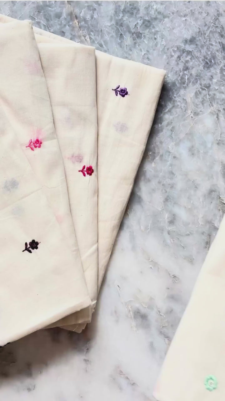 Kora Cotton With Multi Colour Small Floral Embroidery work |  Soft Handloom Look | Ideal for Kurtis, Blouses & Dupattas