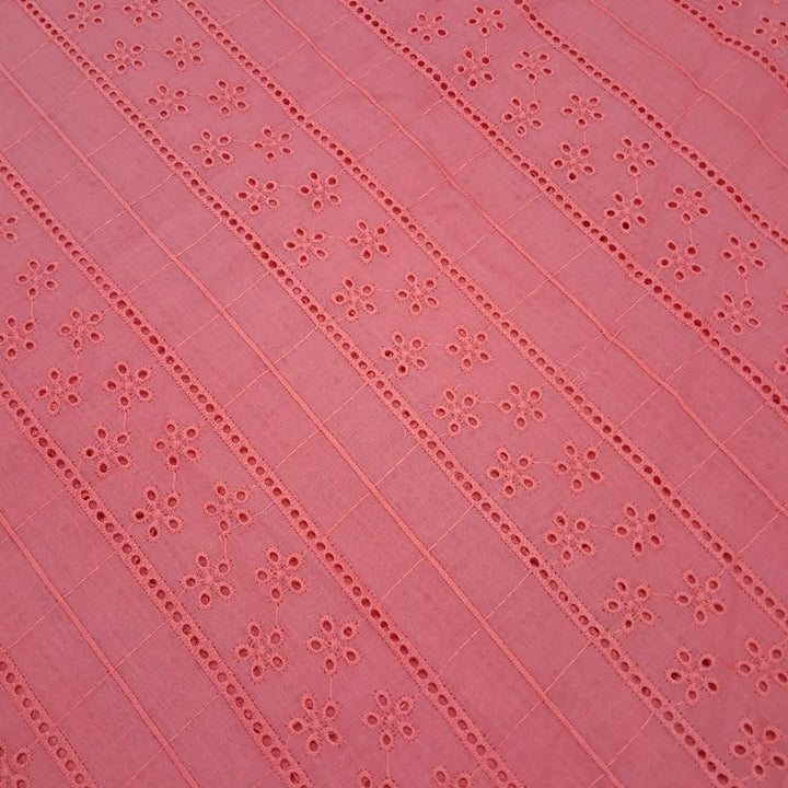 Tomato Pink Embroidered Cotton Heavy Hakoba Fabric