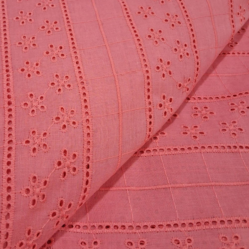 Tomato Pink Embroidered Cotton Heavy Hakoba Fabric