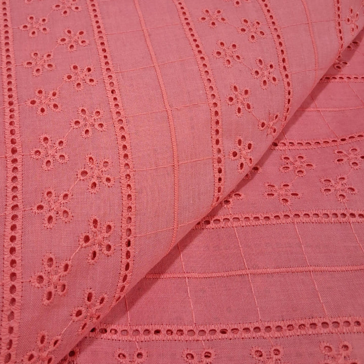 Tomato Pink Embroidered Cotton Heavy Hakoba Fabric